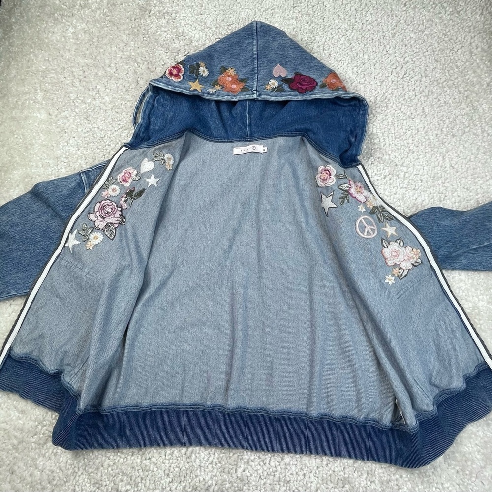 Billy T Camp Happy Hoodie Embroidered Peace Sign Floral Flowers Denim XL - Picture 11 of 13